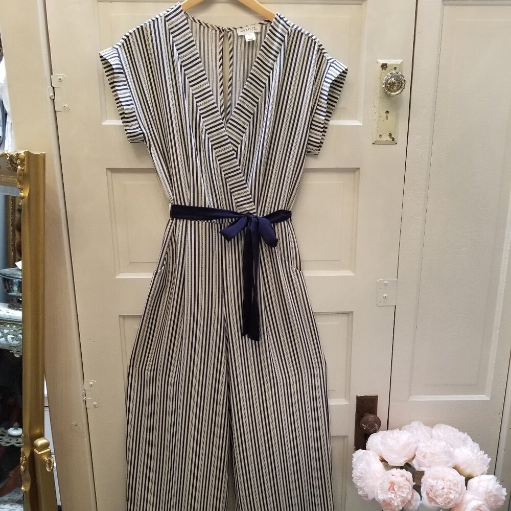 Monteau Navy Striped Short Sleeve Jumpsuit Romper w/Belt & Pockets * Size Large